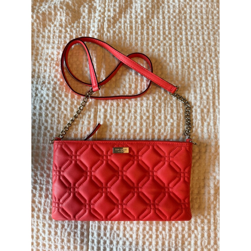 Kate Spade New York Quilted Coral Pink Leather Crossbody Bag Silver Chain
